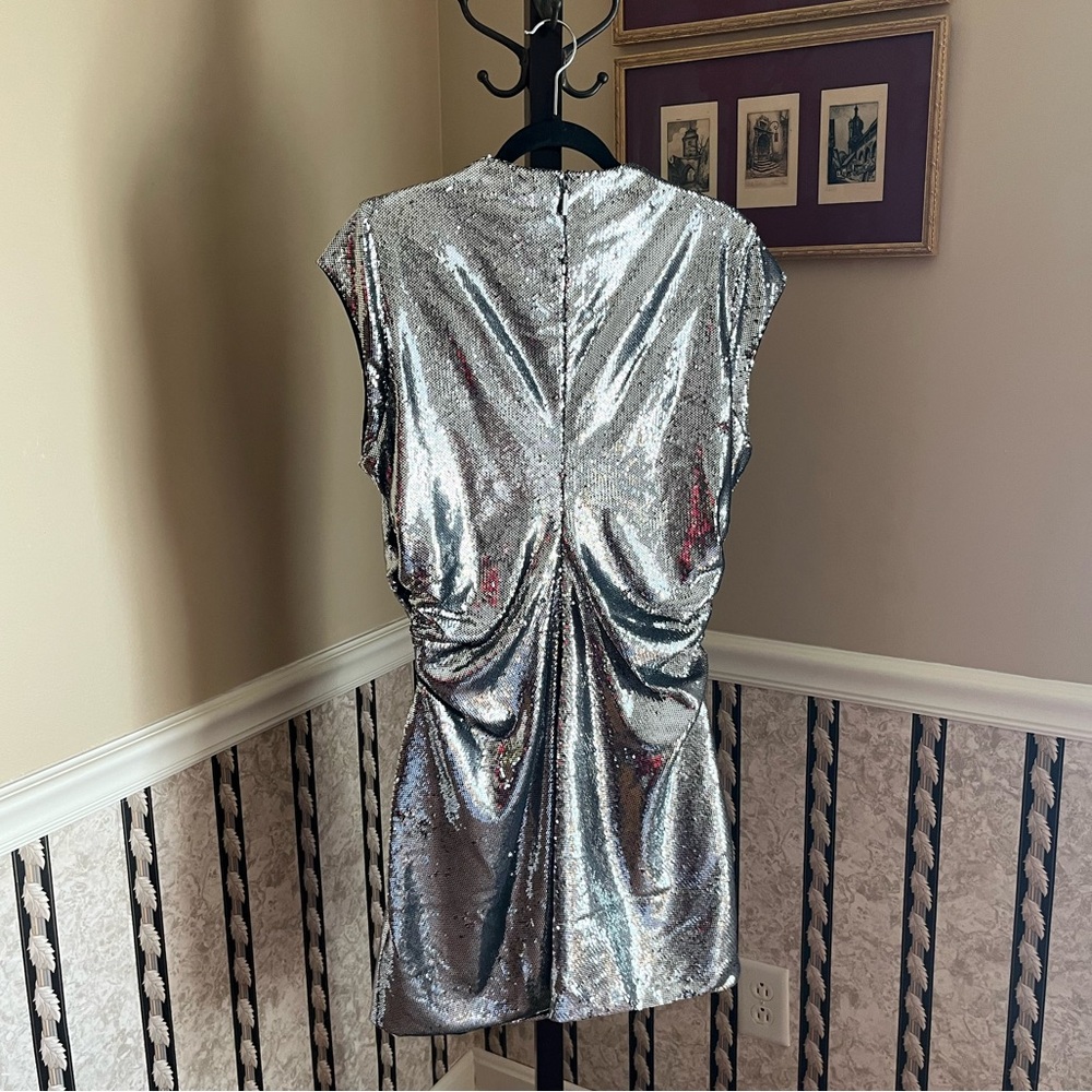 NWT Michael Kors Sequined Funnel Neck Mini Dress Silver Sequin & Black XL - Picture 5 of 16